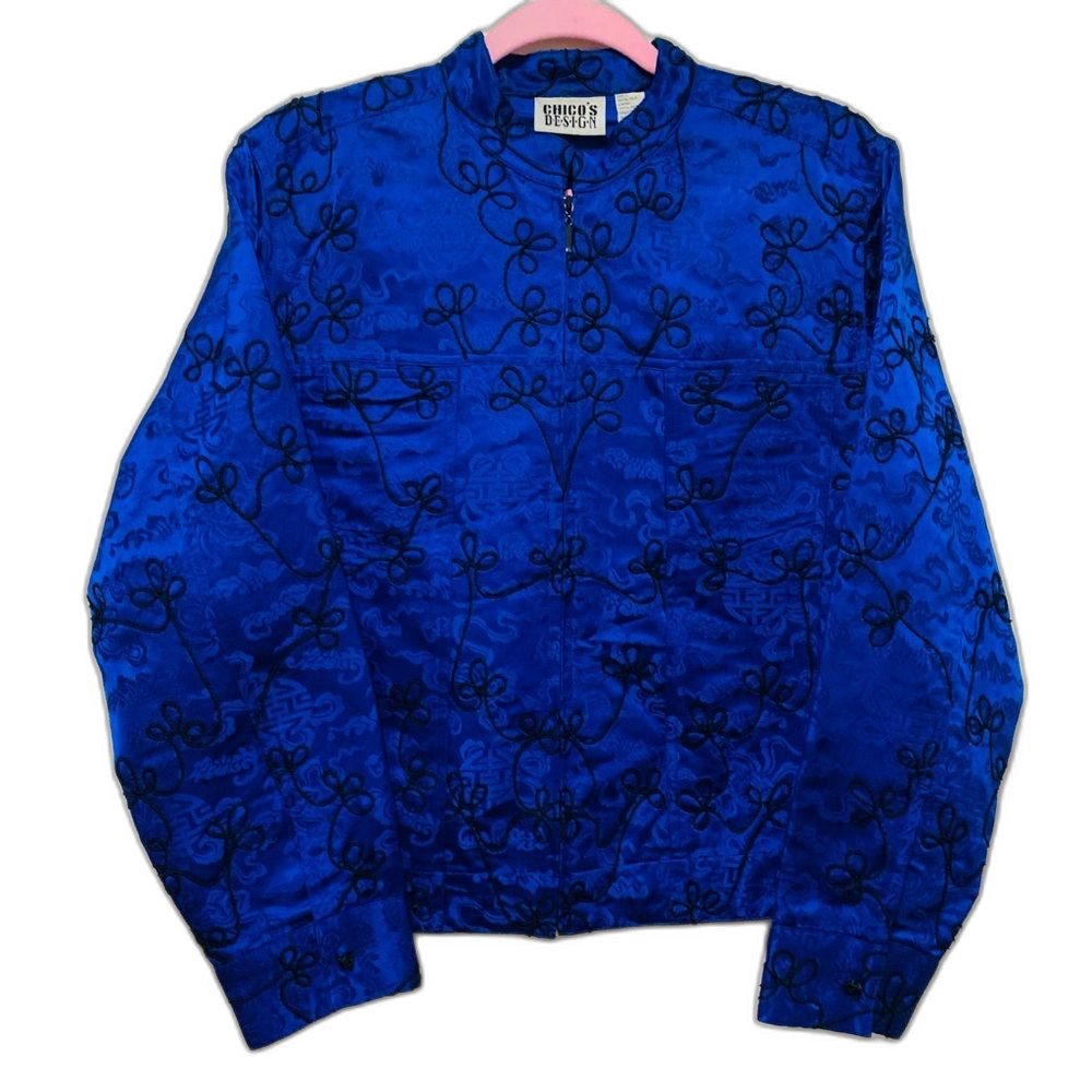 Chicos Designs Silk Blue Black Embroidered Jacket size medium
